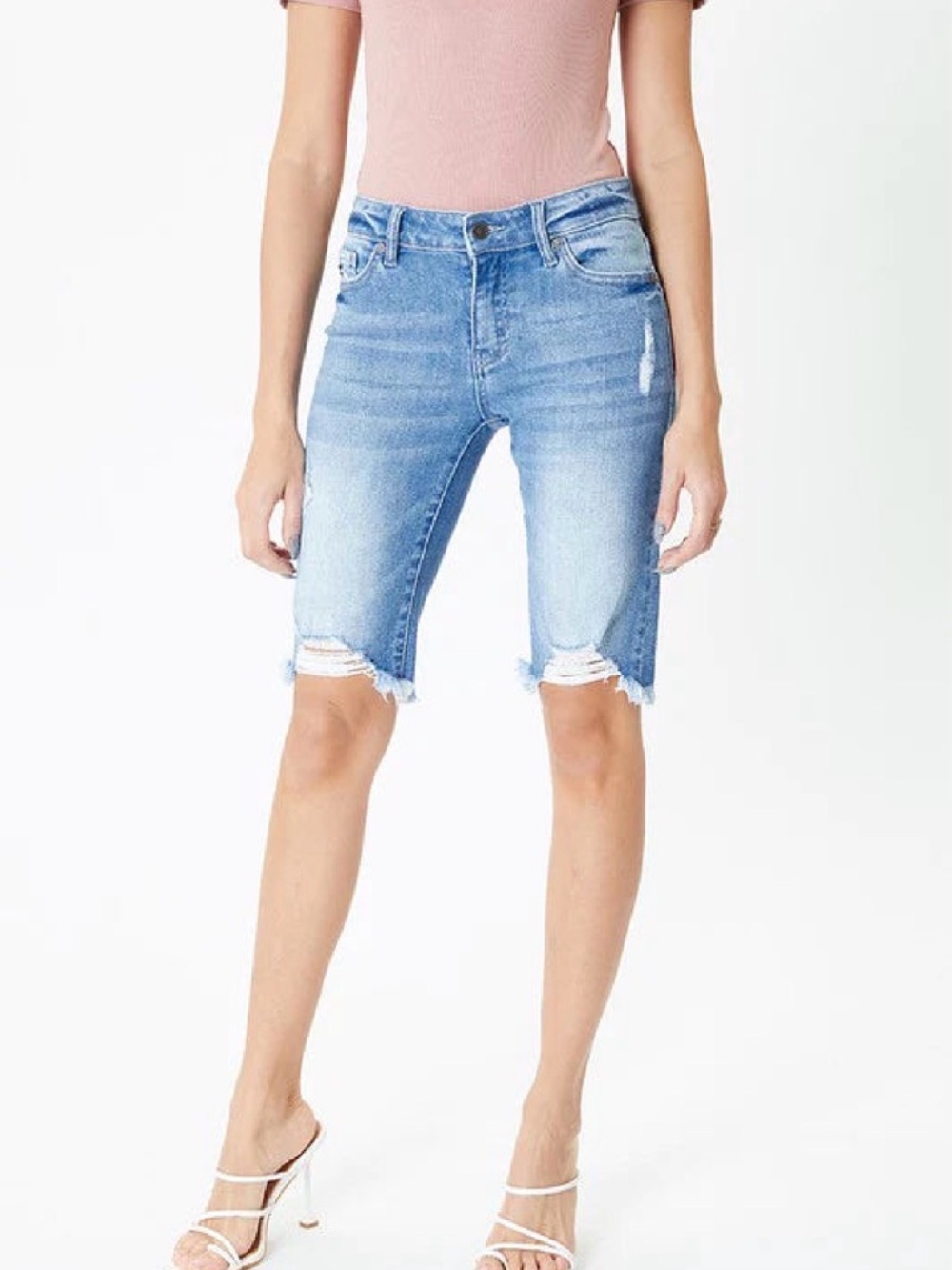 KanCan Light Wash Distressed Bermuda Denim Shorts